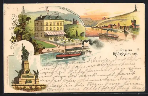 Lithographie Rüdesheim a. Rh., Hotel-Resturant im Rottland, Ortsansicht, Rheindampfer, Denkmal