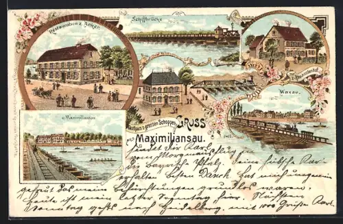 Lithographie Maximiliansau, Restaurant zum Anker, Schiffbrücke, Gasthaus z. grossen Schoppen, Maxau, Ortsansicht