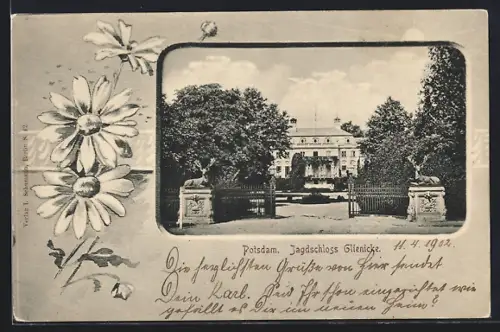 AK Potsdam, Jagdschloss Glienicke mit Hirschportal, Blumen, Rahmen