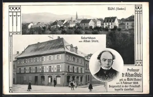 AK Bühl /Baden, Geburtshaus und Portrait Dr. Alban Stolz, Ortsansicht, Ornamente