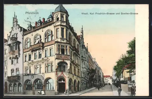 AK Pforzheim, Westl. Karl-Friedrich-Strasse und Goethe-Strasse mit Eckgebäude
