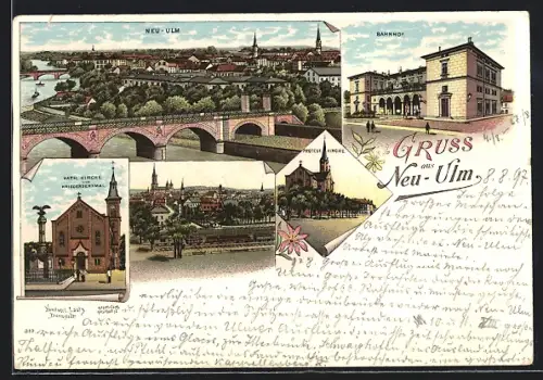 Lithographie Neu-Ulm, Kath. Kirche und Kriegerdenkmal, Bahnhof, Protest. Kirche, Ortsansicht