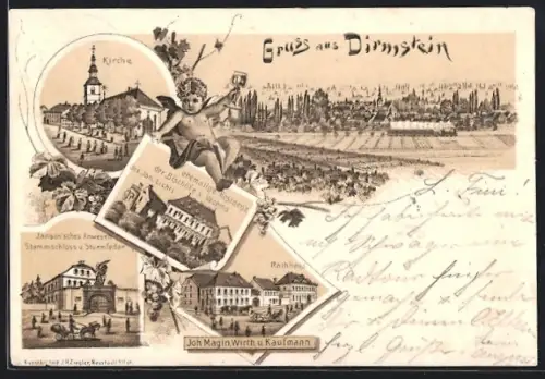 Lithographie Dirmstein, Kirche, Joh. Magin. Wirth u. Kaufmann, Rathaus, Janson`sches Anwesen, Schloss Sturmfeder