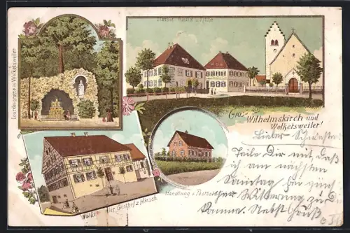 Lithographie Wilhelmskirch, Gasthof und Kirche, Lourdesgrotte in Wolketsweiler, Gasthof z. Hirsch, katholische Kirche