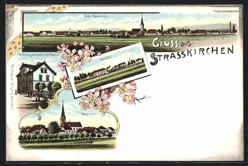 Lithographie Strasskirchen / Donau, Totalansicht, Bahnhof, Wohnung des Herrn Dr. Wurm