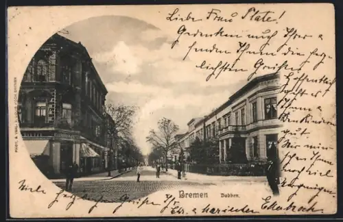 AK Bremen, Dobben, Strassenszene mit Wohnhäusern und Geschäften