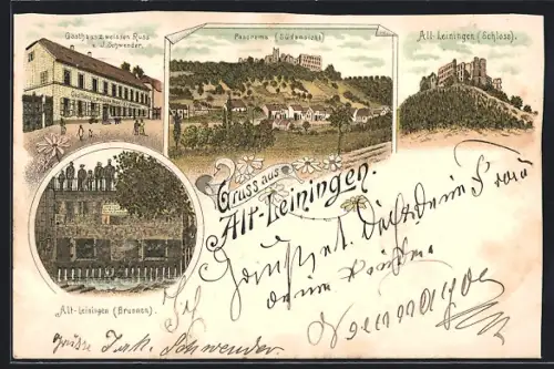 Lithographie Altleiningen, Gasthaus Weisses Ross von J. Schwender, Panorama, Schloss, Brunnen