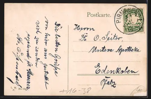 Grusskarten-AK Pirmasens, Hauptstrasse mit Rathaus, Passepartout mit Lederschuhen