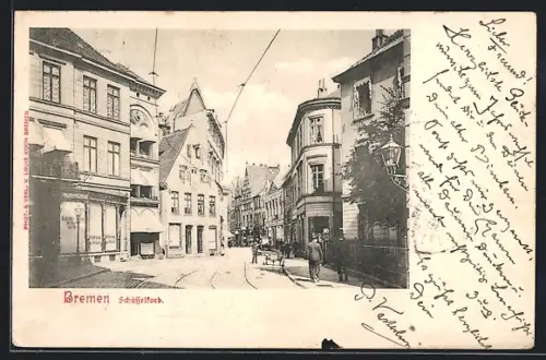 AK Bremen, Strasse Schüsselkorb mit Geschäften