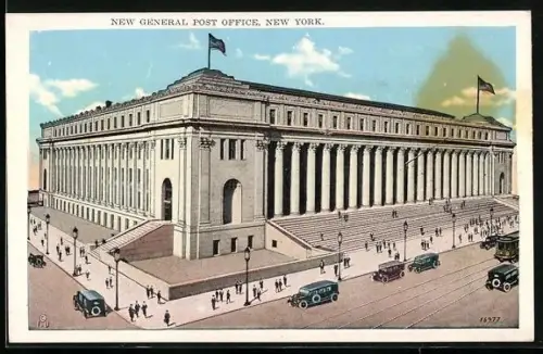 AK New York, New General Post Office Strassenansicht mit Autos und Strassenbahn davor, US-Fahnen auf dem Dach