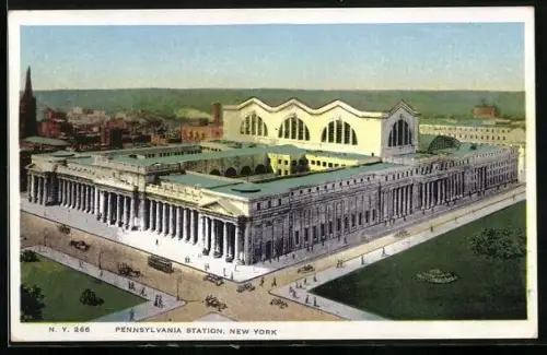 AK New York, NY, Pennsylvania Station, Strassenbahn vor dem Bahnhof