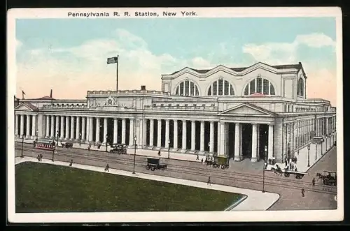AK New York, NY, Pennsylvania R. R. Station, Bahnhof mit Droschken