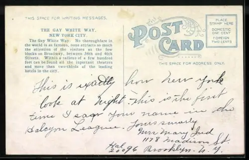 AK New York, NY, The Gay White Hall at Night, looking towards 42nd Street