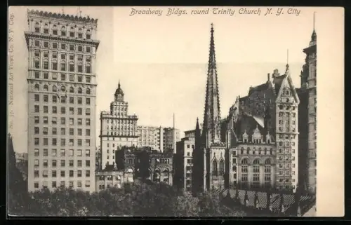 AK New York, NY, Broadway Buildings round Trinity Church