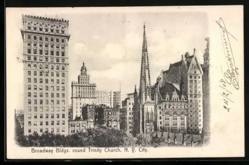 AK New York, NY, Broadway Buildings round Trinity Church