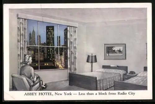 AK New York, NY, Abbey Hotel, 151 West 51st Street, Room, Window View at Night