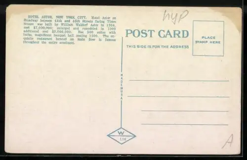 AK New York, NY, Hotel Astor, Broadway