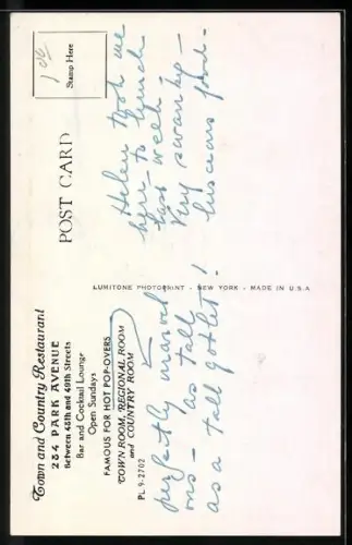 AK New York, NY, Town and Country Restaurant, 284 Park Avenue, Bar and Town Room