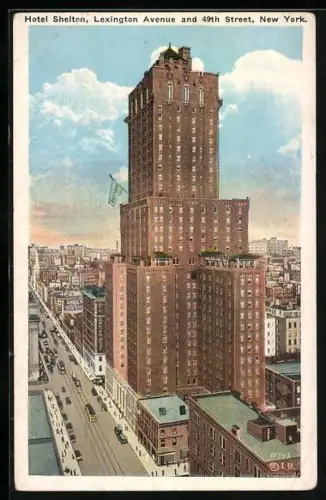 Künstler-AK New York, NY, Hotel Schelton, Lexington Avenue and 49th Street, Strassenbahn
