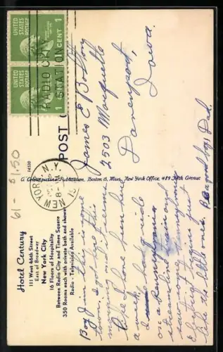 AK New York, NY, Hotel Century, 46th Street at 6th Avenue