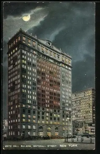 AK New York, NY, White Hall Building, Whitehall Street, with moon