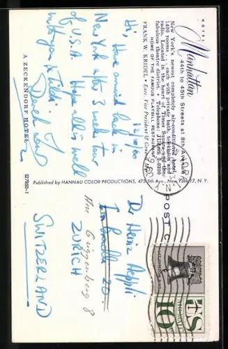 AK New York, NY, Hotel Manhattan, 44th to 45th Streets at 8th Avenue, Gen. Mgr. Frank W. Kridel