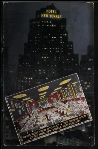 AK New York, NY, Hotel New Yorker at Night, Terrace Room