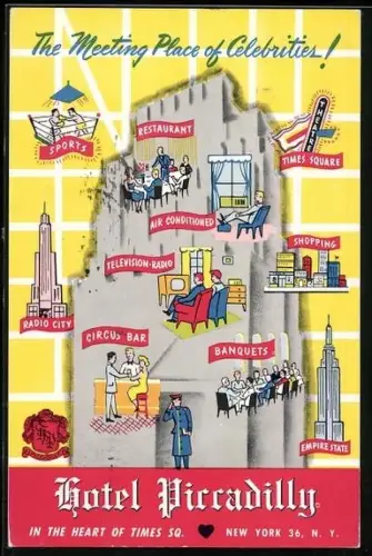 Künstler-AK New York, NY, Hotel Piccadilly, Interior Scenes, Radio City Building, Coat of Arms