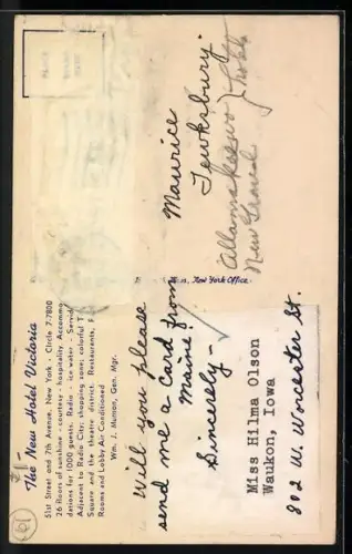 AK New York, NY, Hotel Victoria, 7th Avenue at 51st St.