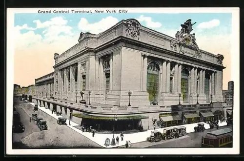AK New York City, Grand Central Terminal mit Automobilen, Leuten und Strassenbahn