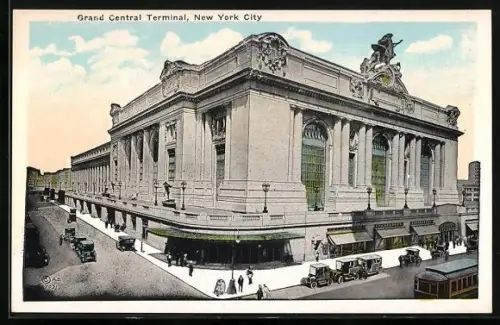 AK New York City, Grand Central Terminal mit Automobilen, Leuten und Strassenbahn