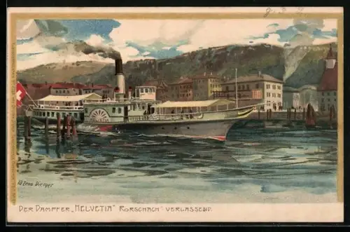 Künstler-AK Zeno Diemer: Rorschach, Schweizer Salondampfer Helvetia den Hafen verlassend
