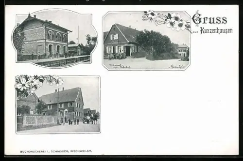 AK Kurzenhausen, Bahnhof, Gasthaus zum Bahnhof und Strassenpartie