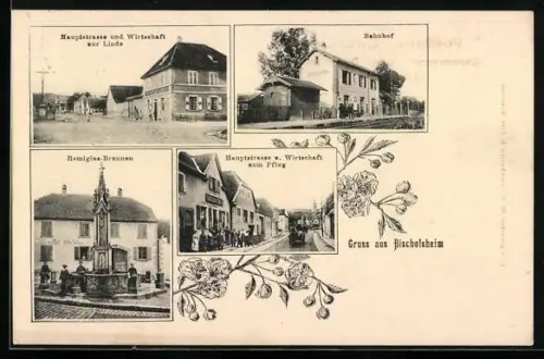 AK Bischofsheim, Hauptstrasse und Gasthaus zur Linde, Bahnhof, Remigius-Brunnen, Hauptstrasse und Gasthaus zum Flug