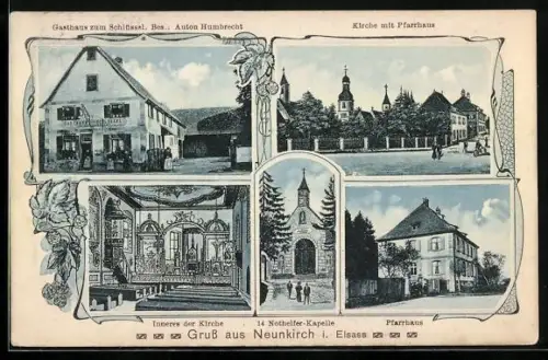 AK Neunkirch i. Elsass, Gasthaus zum Schlüssel, Bes. Anton Humbrecht, Kirche und Pfarrhaus