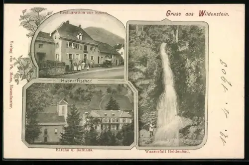AK Wildenstein, Restauration zur Sonne, Kirche u. Rathaus, Wasserfall Heidenbad