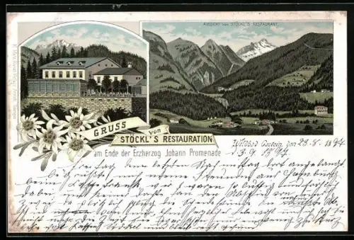 Lithographie Wildbad Gastein, Stöckl`s Restaurant am Ende der Erzherzog Johann Promenade