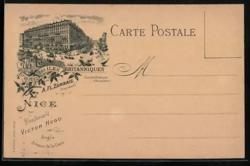 Lithographie Nice, Gd. Hôtel des Îles Britanniques, A. Fl. Zambail Propr., Boulevard Victor Hugo