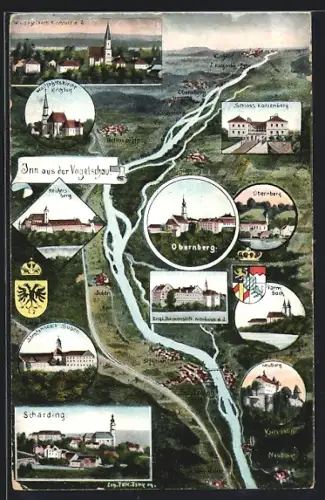 Künstler-AK Eugen Felle: Schärding, Landkarte mit Innverlauf, Schloss Katzenberg, Obernberg, Neuburg