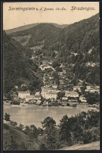 AK Sarmingstein a. d. Donau, Ortsansicht mit Talblick