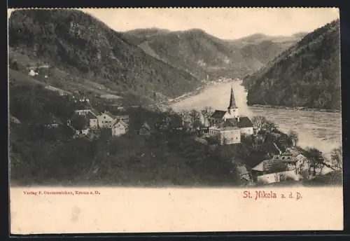 AK St. Nikola a. d. D., Flusspartie mit Kirche