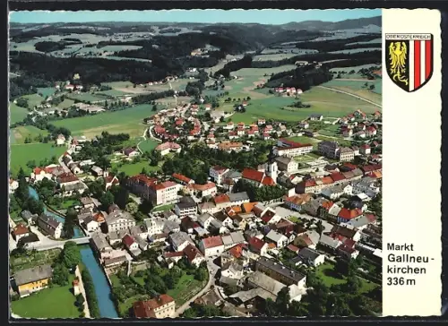 AK Gallneukirchen /Oberösterreich, Ortsansicht aus der Vogelschau, Wappen