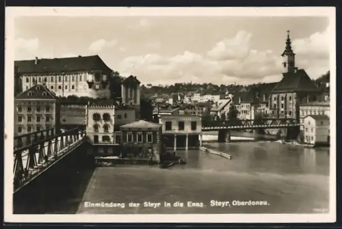AK Steyr, Ortsansicht mit Brücke und Einmündung in die Enns