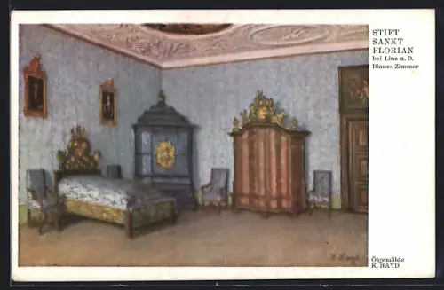 Künstler-AK Linz a. D., Stift Sankt Florian, Blaues Zimmer, Innenansicht