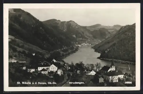 AK St. Nikola a. d. Donau, Strudengau, Panorama mit Kirche