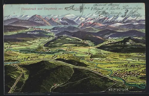 AK Vöcklabruck und umliegende Städte aus der Vogelperspektive, Gmunden, Aurach, Deutenham, Attnang