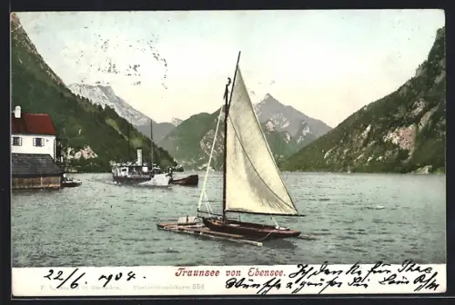 AK Ebensee, Dampfschiff und Segelboot auf dem Traunsee