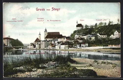 AK Steyr, Panorama mit Gräfl. Landbergschem Schloss, Vorstadt-Pfarrhof, Taborkirche u. St. Michaelskirche