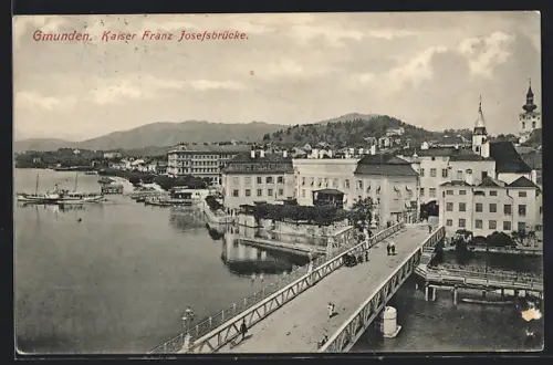 AK Gmunden, Ortsansicht mit Traunbrücke