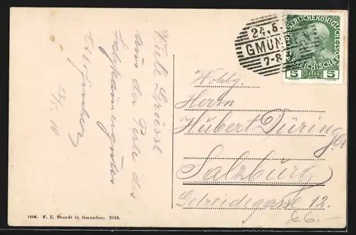 AK Gmunden, Ortsansicht mit Traunbrücke